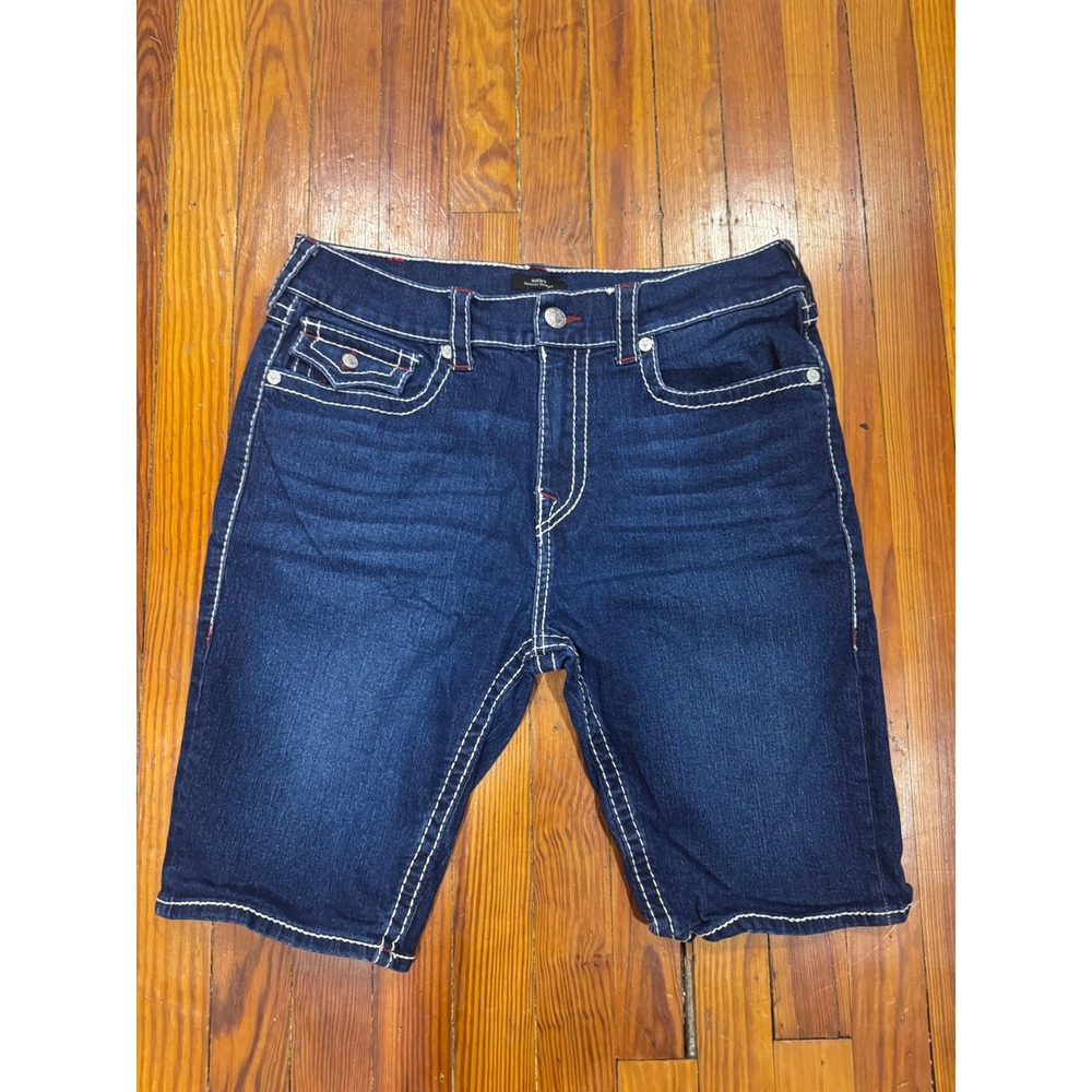 True Religion Ricky Relaxed Straight Denim Shorts Dark Wash White Stitch Mens 36